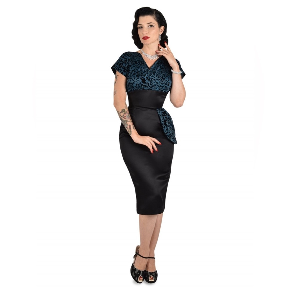 Vivien of Holloway Jezebel Black Teal Leopard Bust Dress Retro Pin Up UK 12
